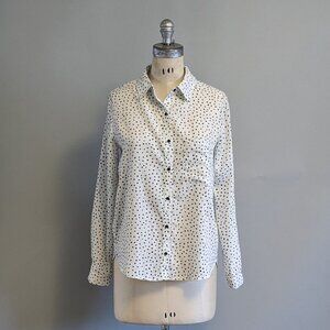 White Button Up Blouse with Irregular Black Polka Dot Pattern Geometric Small